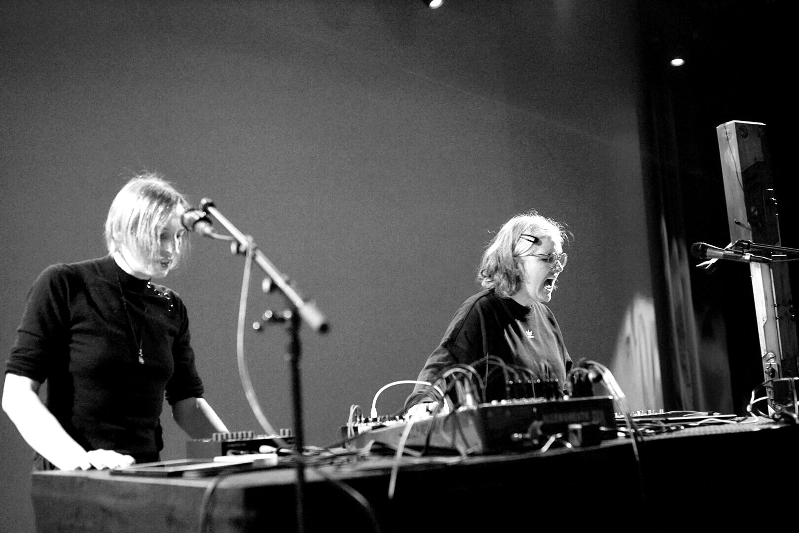Jeanne Artemis and Sylvia Hinz on stage in purple light